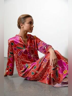 NATORI Floral Nomad Caftan Kimono Maxi Night Gown Cover Up Dressy Hamptons S 6/8